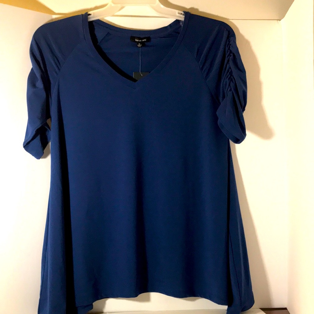 Verve Ami asymmetrical short sleeve size medium blue gathered top nwt